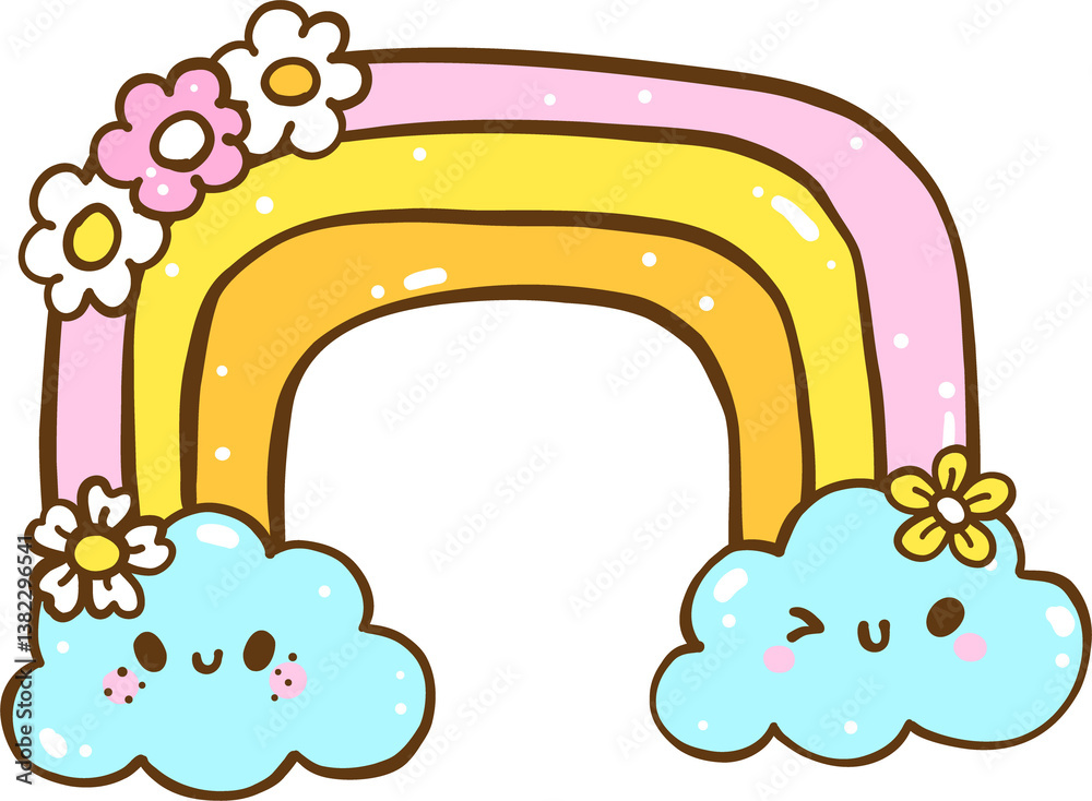 Fototapeta premium Groovy Retro Spring Flower Rainbow Cloud Doodle Hand Drawn