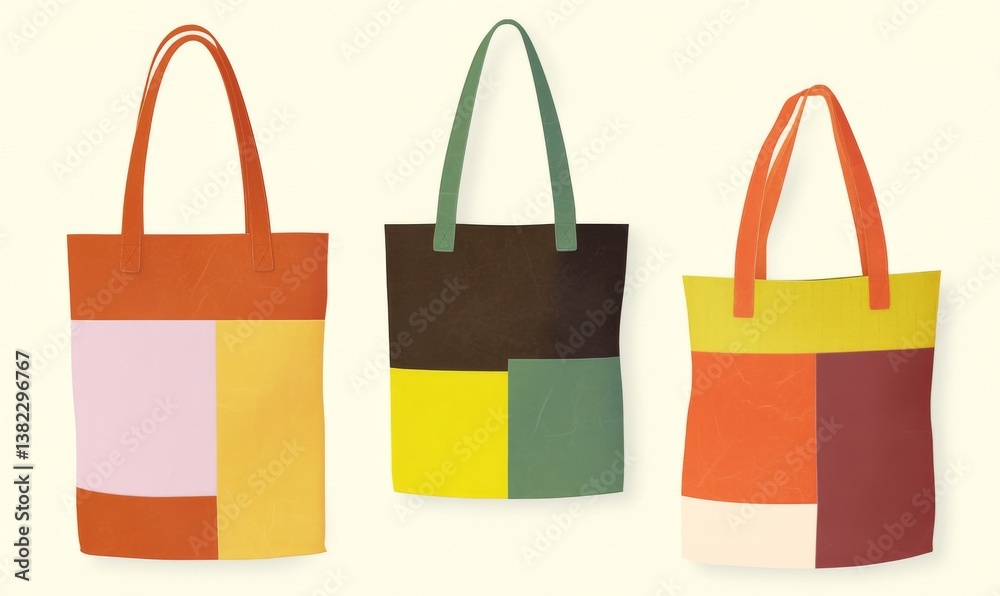 Three Stylish Color Block Tote Bags With Unique Handles On Cream Background Three Stylish Color Block Tote Bags With Unique Handles On Cream Background