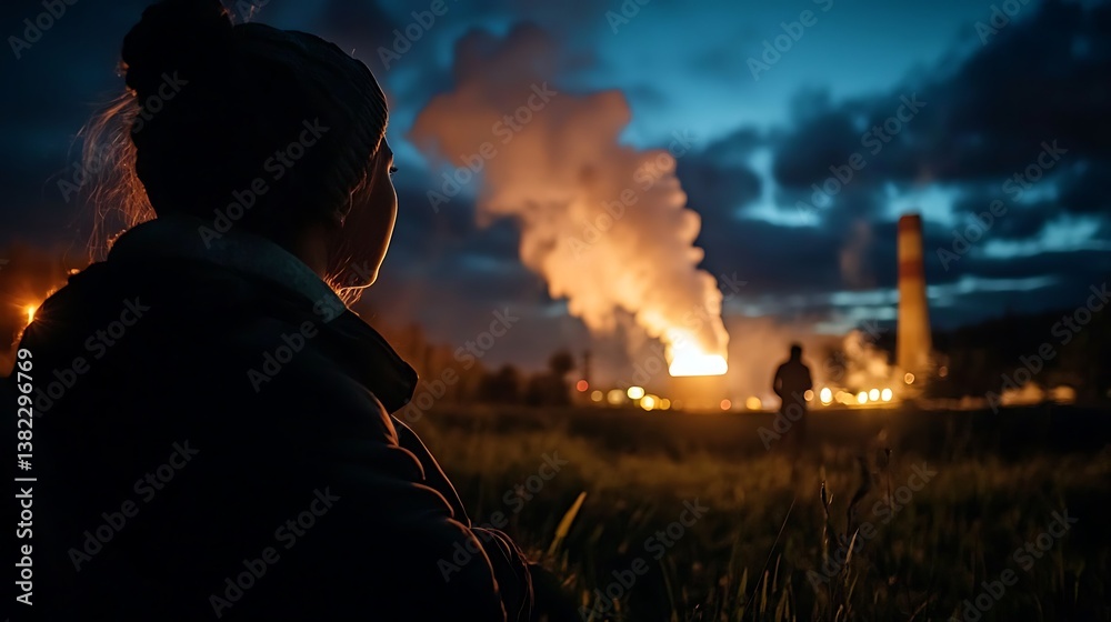 Obraz premium Nightfall Factory Glow Woman Contemplates Industrial Pollution.