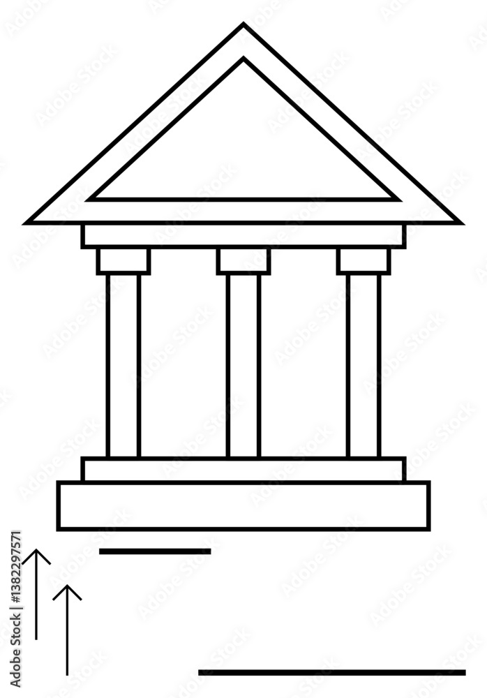 Classical building with columns symbolizing authority or stability and arrows indicating progress. Ideal for education, governance, growth, finance, development, law, strategy. Flat simple metaphor