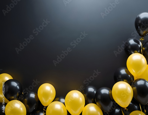 Festive sweet yellow and black balloons background banner celebration theme, Abstract background with golden balls, copy text space.