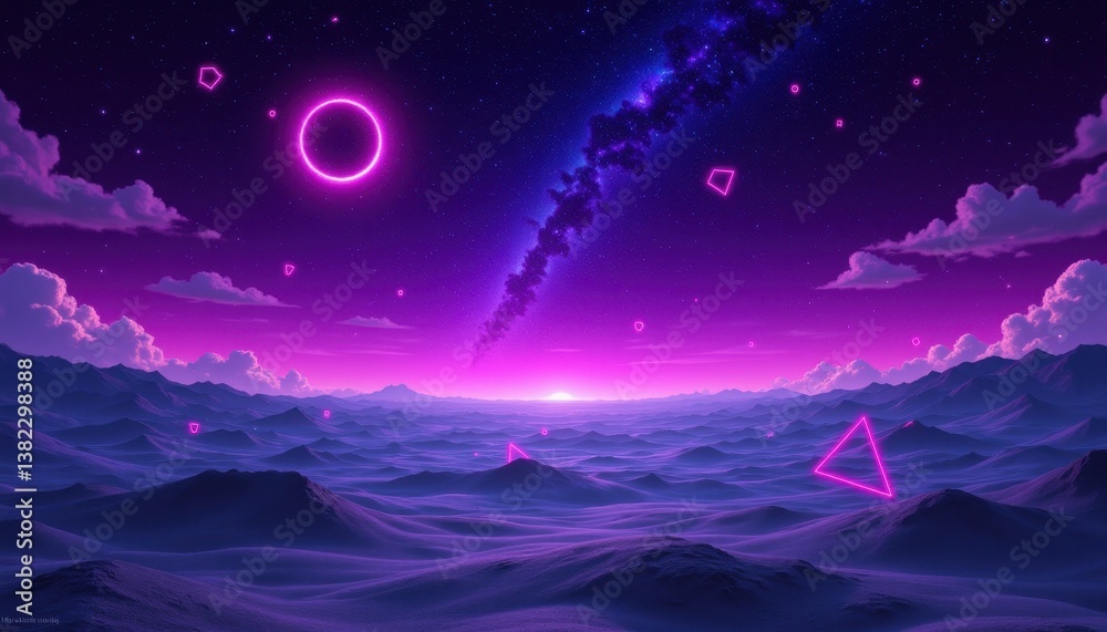 Surreal landscape with floating neon geometric shapes in a cosmic sky Surreal landscape with floating neon geometric shapes in a cosmic sky