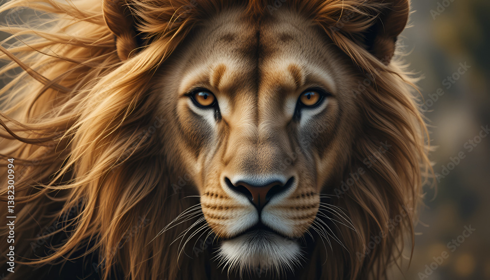 Fototapeta premium “Lion calmly resting in the wild, exuding quiet confidence and strength beneath the golden tones of natural daylight.”