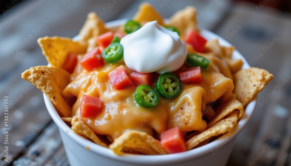 A close up photo of a cup filled with crispy corn tortilla nacho chips topped with melted cheese, diced tomatoes, jalapenos, and sour cream, surrounded by empty space for text or logo placement. A close up photo of a cup filled with crispy corn tortilla nacho chips topped with melted cheese, diced tomatoes, jalapenos, and sour cream, surrounded by empty space for text or logo placement.