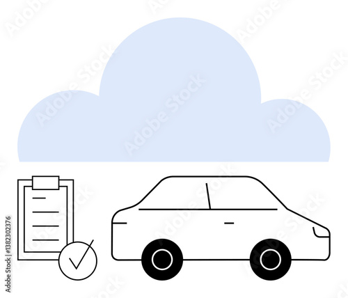 Car under blue cloud with checklist and checkmark symbolizes data storage, vehicle inspection, compliance, eco-monitoring, auto-tracking, fleet management, and digital-based systems. Abstract line