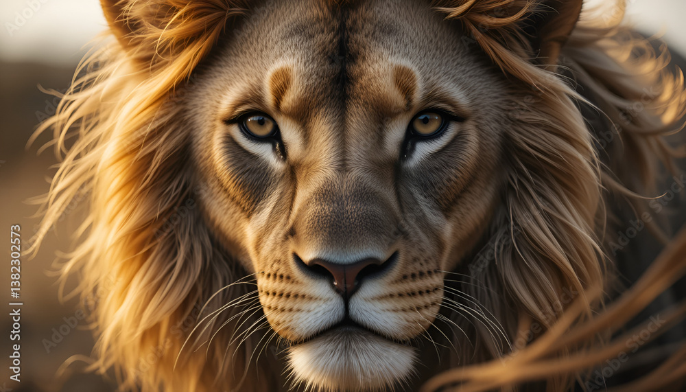 Naklejka premium “Majestic lion with golden mane gazing fiercely forward, representing strength, leadership, and the raw beauty of the animal kingdom.”