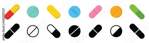 Collection of colorful pills vector icons. Medications pills in different sizes and shapes isolated on white background. Medical and healthcare Concept. Vector illustration.