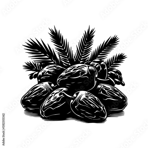 Black and white silhouette vector file A closeup with a healthy, organic feel featuring isolated dates in nature, showcasing fresh, dried ingredients,