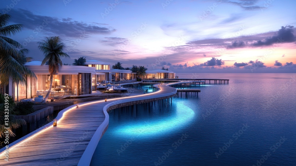 Fototapeta premium Luxury Overwater Bungalows at Sunset in the Maldives