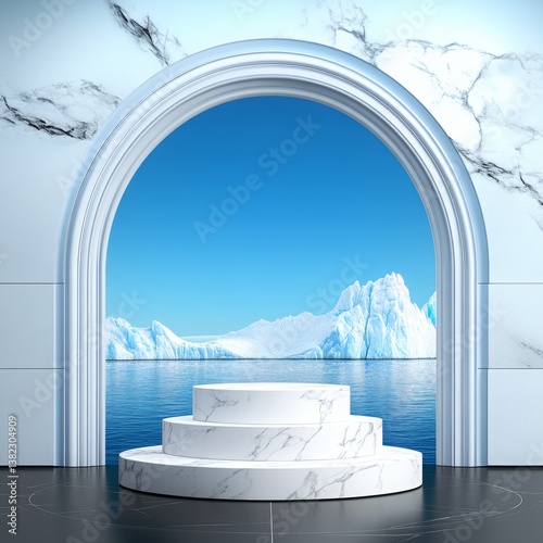Product displayed on marble pedestal against frozen landscape suitable for luxury packaging design, winterthemed marketing, holiday advertisements, elegant branding