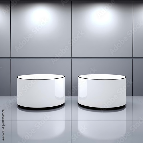 Display your product on two white cylindrical platforms. Perfect for showcasing items such as cosmetics, jewelry, or small home decor pieces