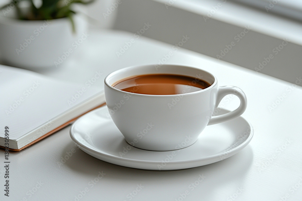White coffee cup with hot coffee on a minimalist table White coffee cup with hot coffee on a minimalist table
