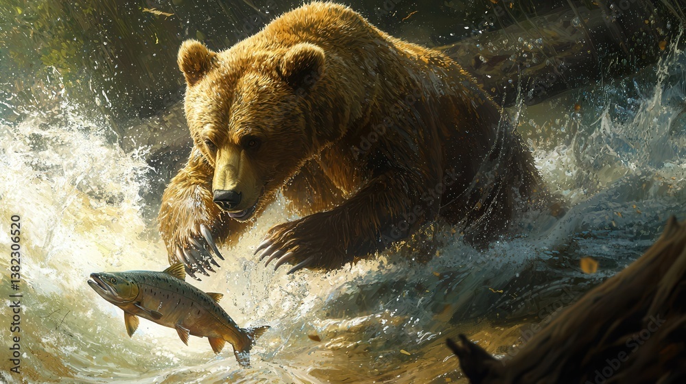 massive grizzly bear catching salmon in a fast-flowing river, ultra-realistic, water splashes, strong dynamic pose, rich nature background. massive grizzly bear catching salmon in a fast-flowing river, ultra-realistic, water splashes, strong dynamic pose, rich nature background.