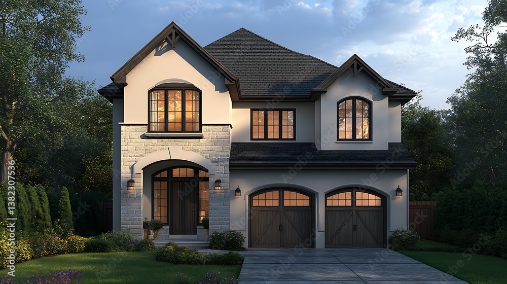 Beautiful Two Story House with Garage and Detailed Window Features Beautiful Two Story House with Garage and Detailed Window Features