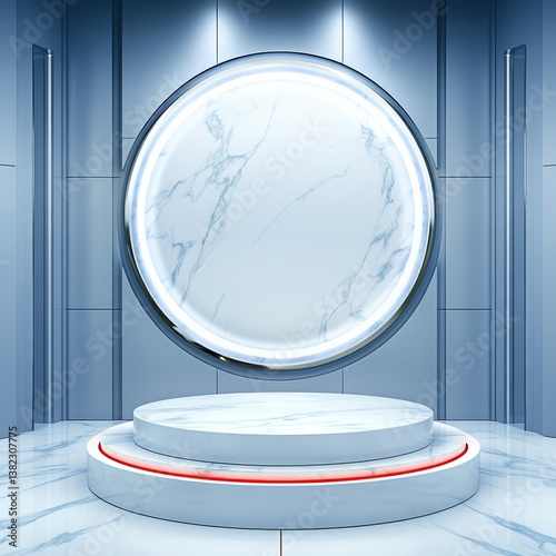 Product display on blue and white marble podium with red light. Ideal for luxury product advertising and marketing materials