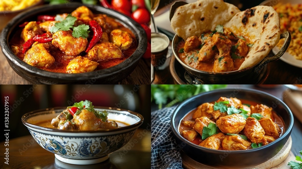 Four variations of Chicken Tikka Masala in bowls. Four variations of Chicken Tikka Masala in bowls.