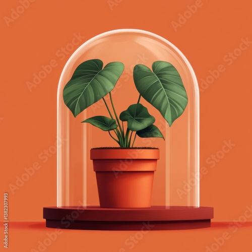 Potted monstera plant enclosed within a glass bell jar on wooden display stand