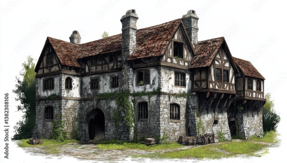 medieval stone palace. two floors. wooden and brick roof. large grassy courtyard at the entrance. digital drawing. medieval stone palace. two floors. wooden and brick roof. large grassy courtyard at the entrance. digital drawing.