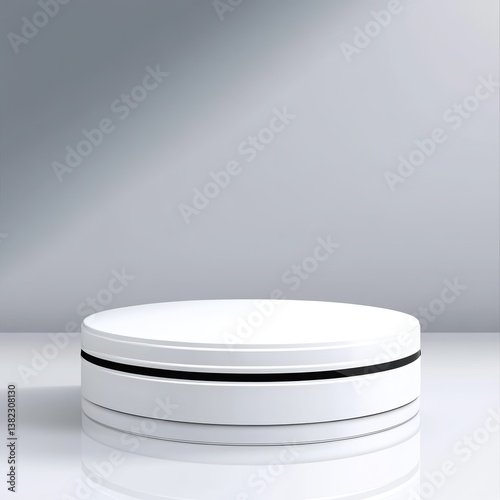 Display product on round platform with black stripe, ideal for showcasing cosmetics, jewelry, or other small items elegantly and simply