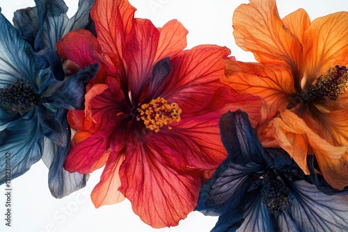 Wallpaper Mural Close-up of three hibiscus flowers, showcasing vibrant red, orange, and deep blue hues, with delicate petal details. Torontodigital.ca