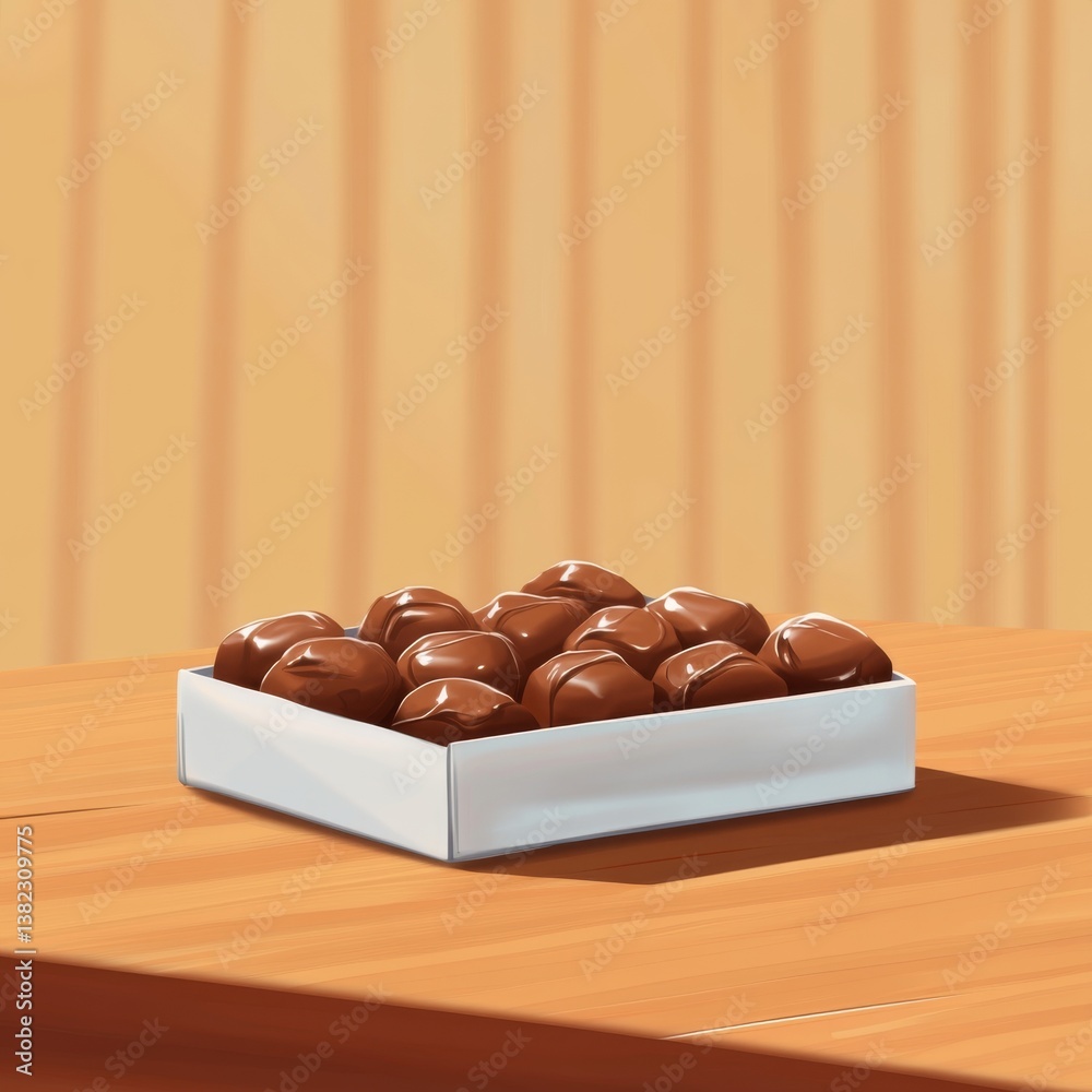 Obraz premium Open White Box Filled with Assorted Chocolate Candies on Wooden Table