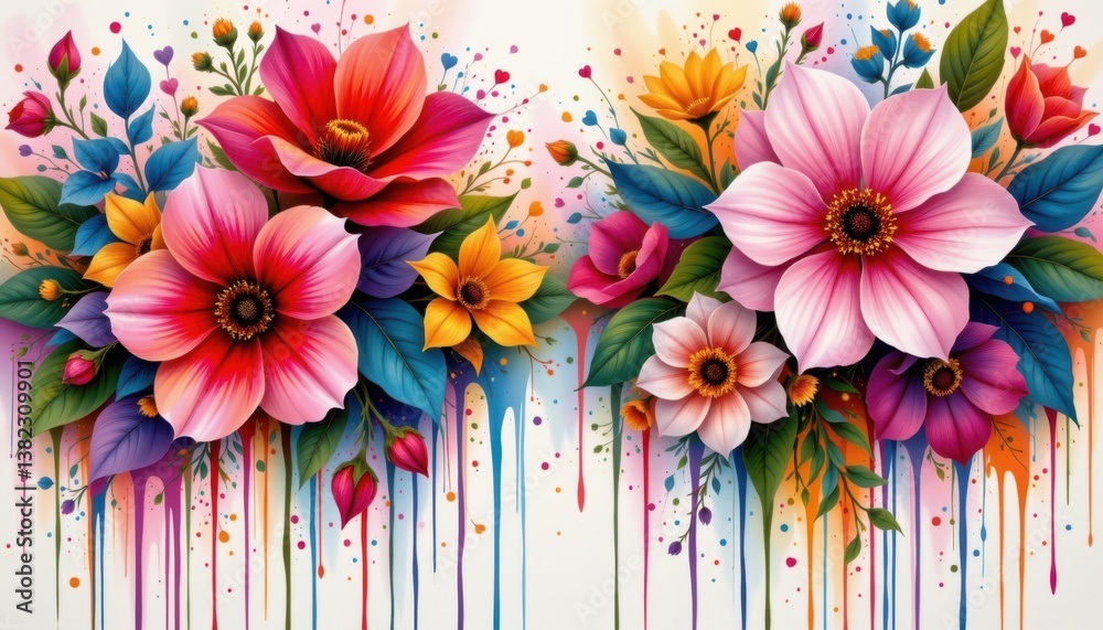 Obraz premium An abstract floral design where blooms appear to drip with vibrant paint, celebrating the beauty and fluidity of nature.
