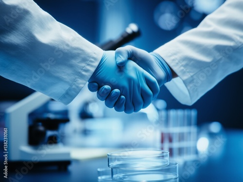 Medical scientists handshake during collaboration research laboratory backdrop successful project