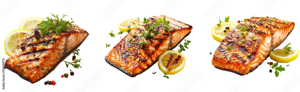 A juicy grilled salmon fillet with a crispy skin, garnished with lemon slices and fresh herbs, isolated on a transparant background. A juicy grilled salmon fillet with a crispy skin, garnished with lemon slices and fresh herbs, isolated on a transparant background.