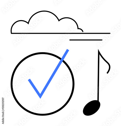 Cloud above large checkmark and eighth note, suggesting music storage, approval, online syncing. Ideal for data access, file management, creativity, simplicity, connectivity audio service flat