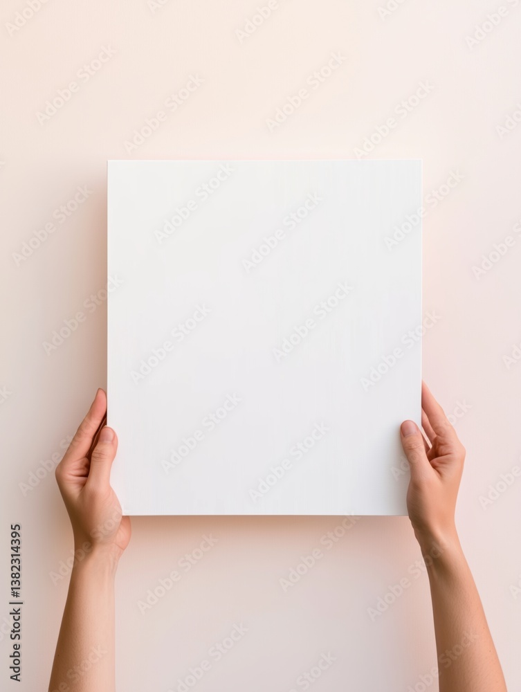 Hands holding blank white canvas against plain background Hands holding blank white canvas against plain background
