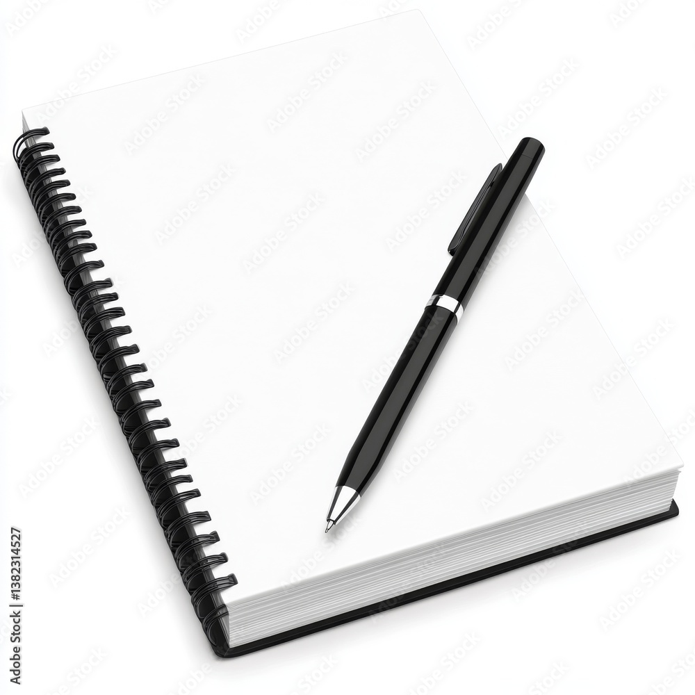 Blank Spiral Notebook with a Sleek Black Pen Resting Diagonally on Top Blank Spiral Notebook with a Sleek Black Pen Resting Diagonally on Top