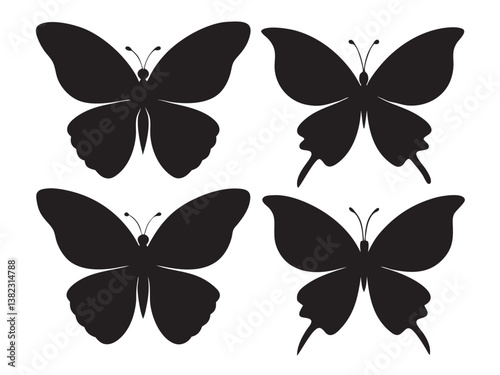 Four black butterfly silhouettes arranged in a 2x2 grid. The top two butterflies have rounded wings with smooth edges,
 while the bottom two have more detailed, jagged wing edges. Each butterfly has a