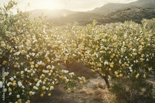 Sunlit lemon orchard blossoms and ripe fruits on trees against a mountainous backdrop.