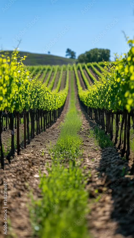Perfectly aligned rows of grapevines in a sunlit vineyard under a clear blue sky.