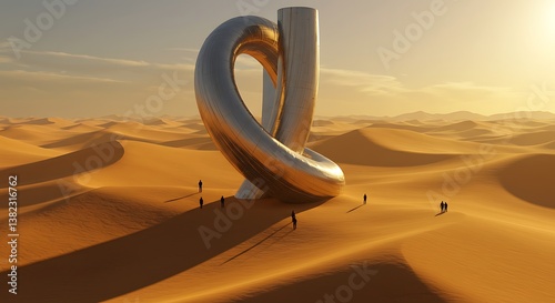 Futuristic cubic sphere monolith in a desert landscape with silhouettes of people exploring the surreal setting. fantastic frontier
