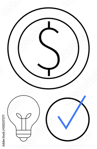 Dollar coin representing value, light bulb symbolizing ideas, and checkmark for accomplishment. Ideal for finance, innovation, creativity, success, business planning, achievements personal goals
