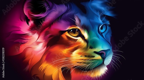 Rainbow Cougar Vibrant Digital Art Portrait.