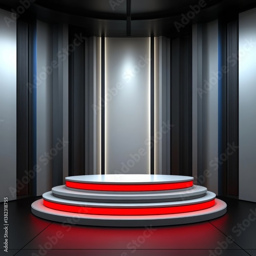Podium showcasing product on white stage with red lights, perfect for exhibiting products or giving presentations in a sleek setting