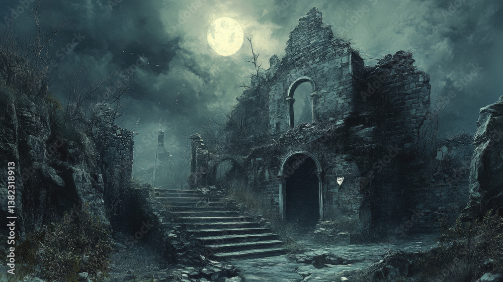 Mysterious Moonlit Ruins of an Ancient Stone Castle in a Foggy, Dark and Eerie Night Landscape