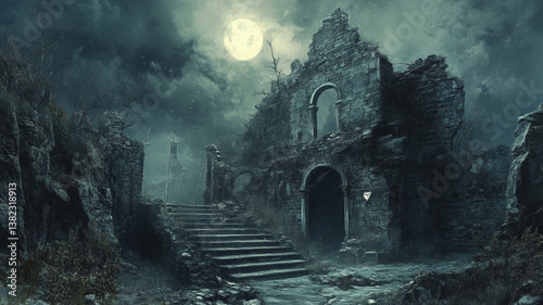 Obraz na płótnie Mysterious Moonlit Ruins of an Ancient Stone Castle in a Foggy, Dark and Eerie Night Landscape w salonie