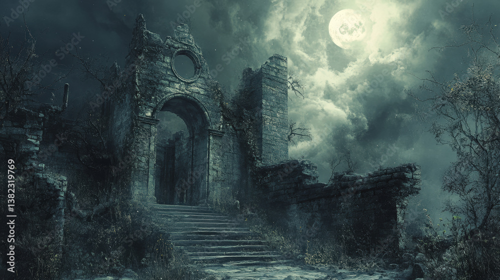 Mysterious Moonlit Ruins of an Ancient Stone Castle in a Foggy, Dark and Eerie Night Landscape