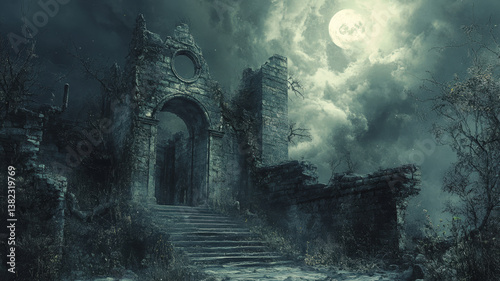 Obraz na płótnie Mysterious Moonlit Ruins of an Ancient Stone Castle in a Foggy, Dark and Eerie Night Landscape w salonie