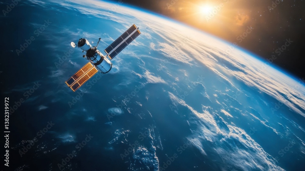 Satellite passing over a vibrant blue Earth, clouds swirling in the distance Satellite passing over a vibrant blue Earth, clouds swirling in the distance
