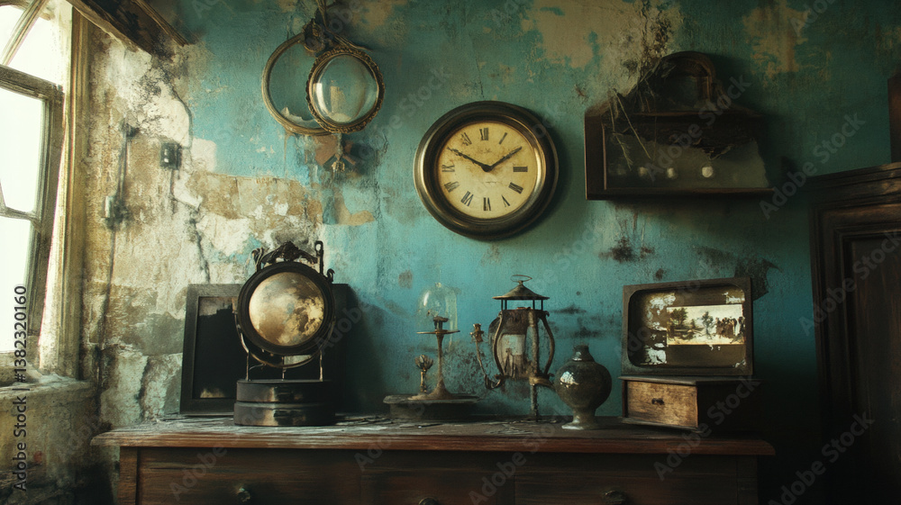 Vintage Clocks and Antique Objects on Old Wooden Furniture Against Weathered Blue Wall in Rustic Room