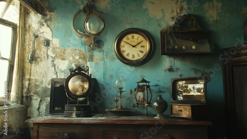 Vintage Clocks and Antique Objects on Old Wooden Furniture Against Weathered Blue Wall in Rustic Room

