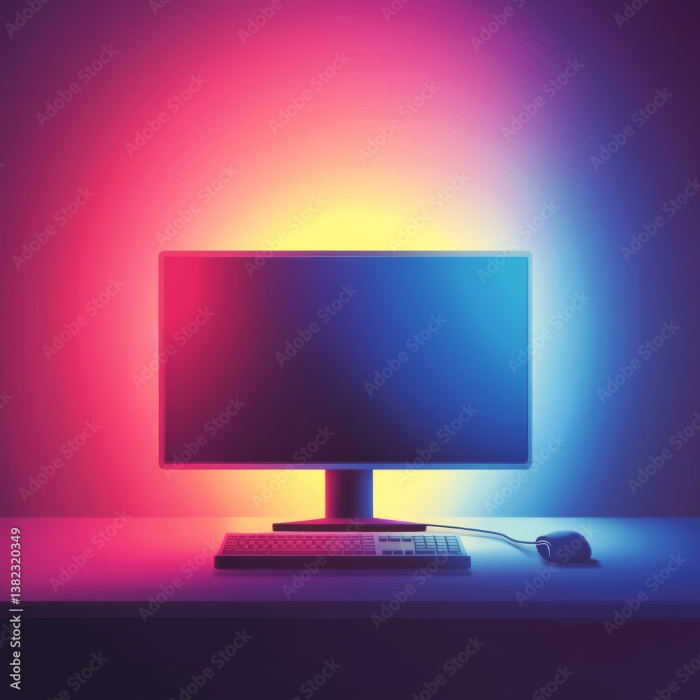 Desktop Computer Setup Illuminated by Colorful Neon Ambient Light