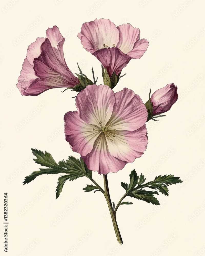 Obraz premium A botanical illustration featuring delicate pink flowers with feathery leaves, showcasing detailed petals and harmonious colors.