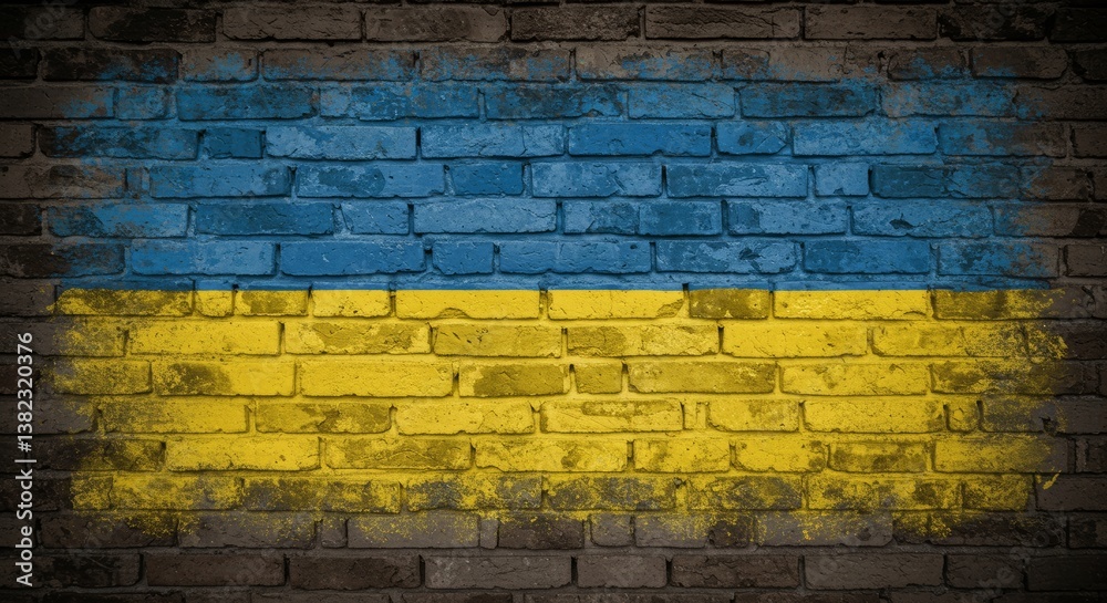 Fototapeta premium Distressed brick wall adorned with Ukrainian flag mural exudes grunge texture