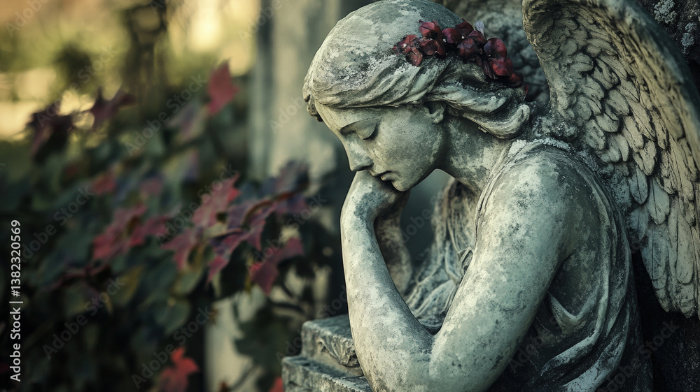 Melancholic Stone Angel Statue Sitting in a Garden with Flowers in Soft Light and Dreamy Atmosphere