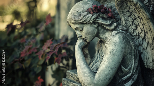 Obraz na płótnie Melancholic Stone Angel Statue Sitting in a Garden with Flowers in Soft Light and Dreamy Atmosphere
w salonie
